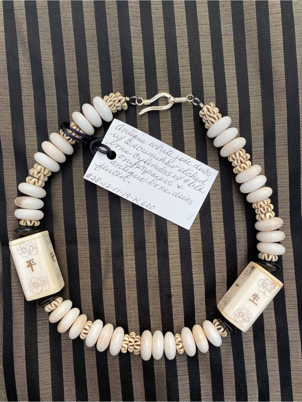 Myrna Lee Chang Antique White Jade &Carved Bone Ivory Beaded Statement Necklace